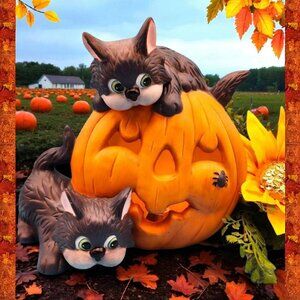 Scaredy Cats Light Halloween Pumpkin Ceramic Black Cats Light-up Vintage Decor H